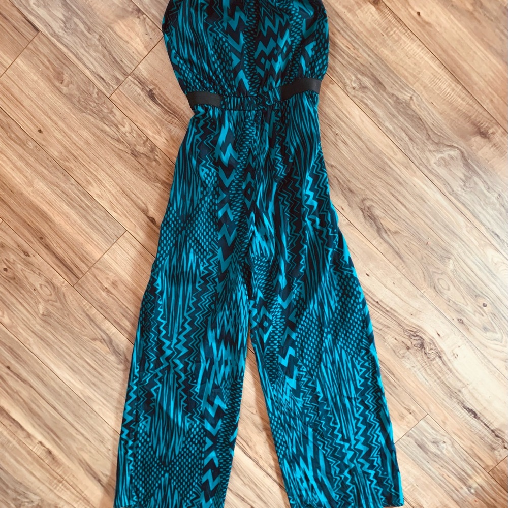 Xhilaration Blue and Black Jumpsuit with V-Neck and Wide Legs